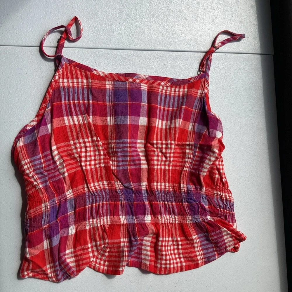 So Crop top red plaid cinch waist cropped tank top casual boho sleeveless - Picture 8 of 16